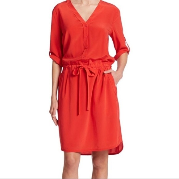 DKNY Silk Crepe Shirt Dress Button Down w/ Drawstring in Orange XS - Picture 1 of 16